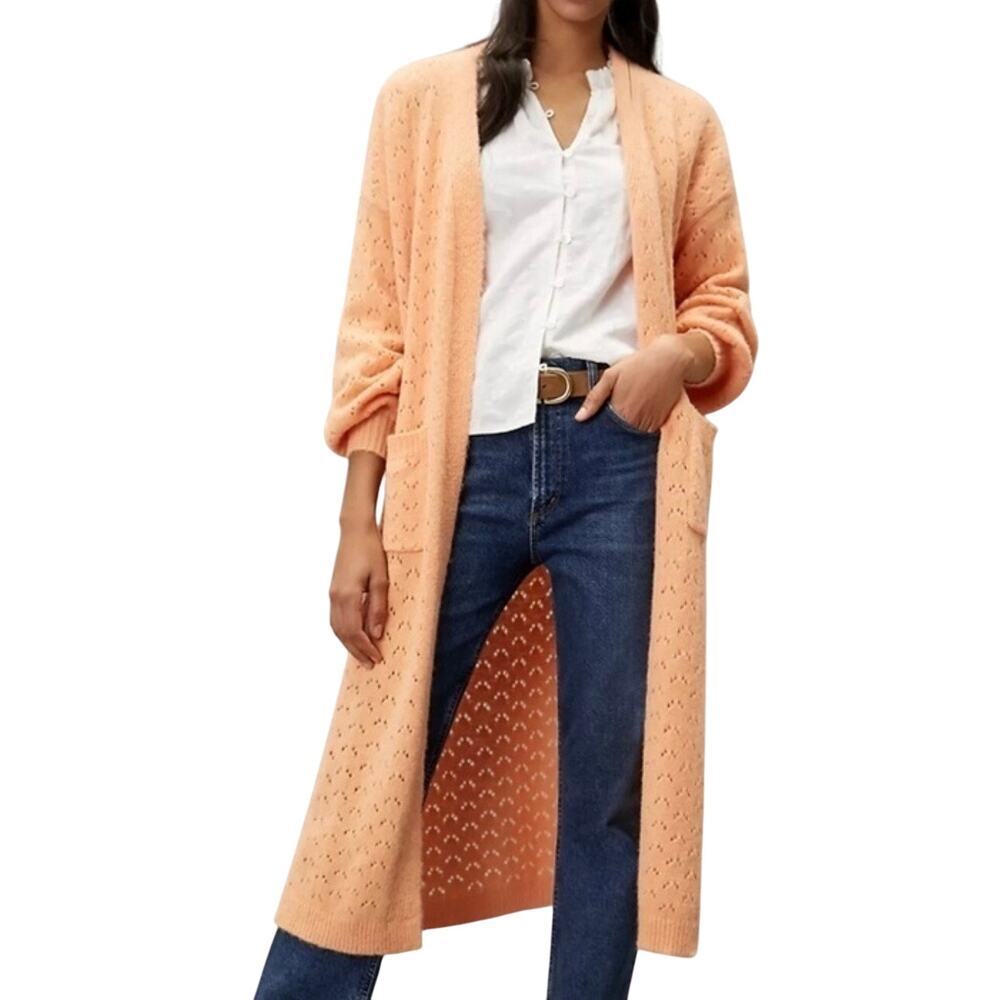 FRNCH Paris Clementine Duster Sweater One Size Orange Open Pointelle Knit Pocket